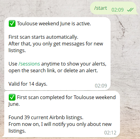 Telegram activation and first scan messages