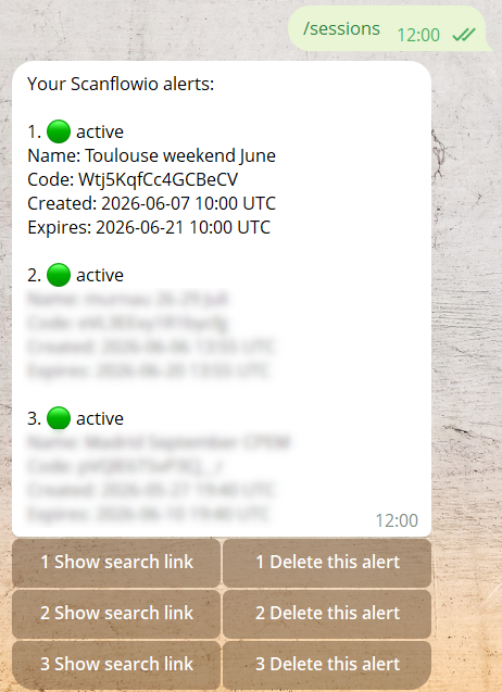 Telegram sessions overview with alert buttons